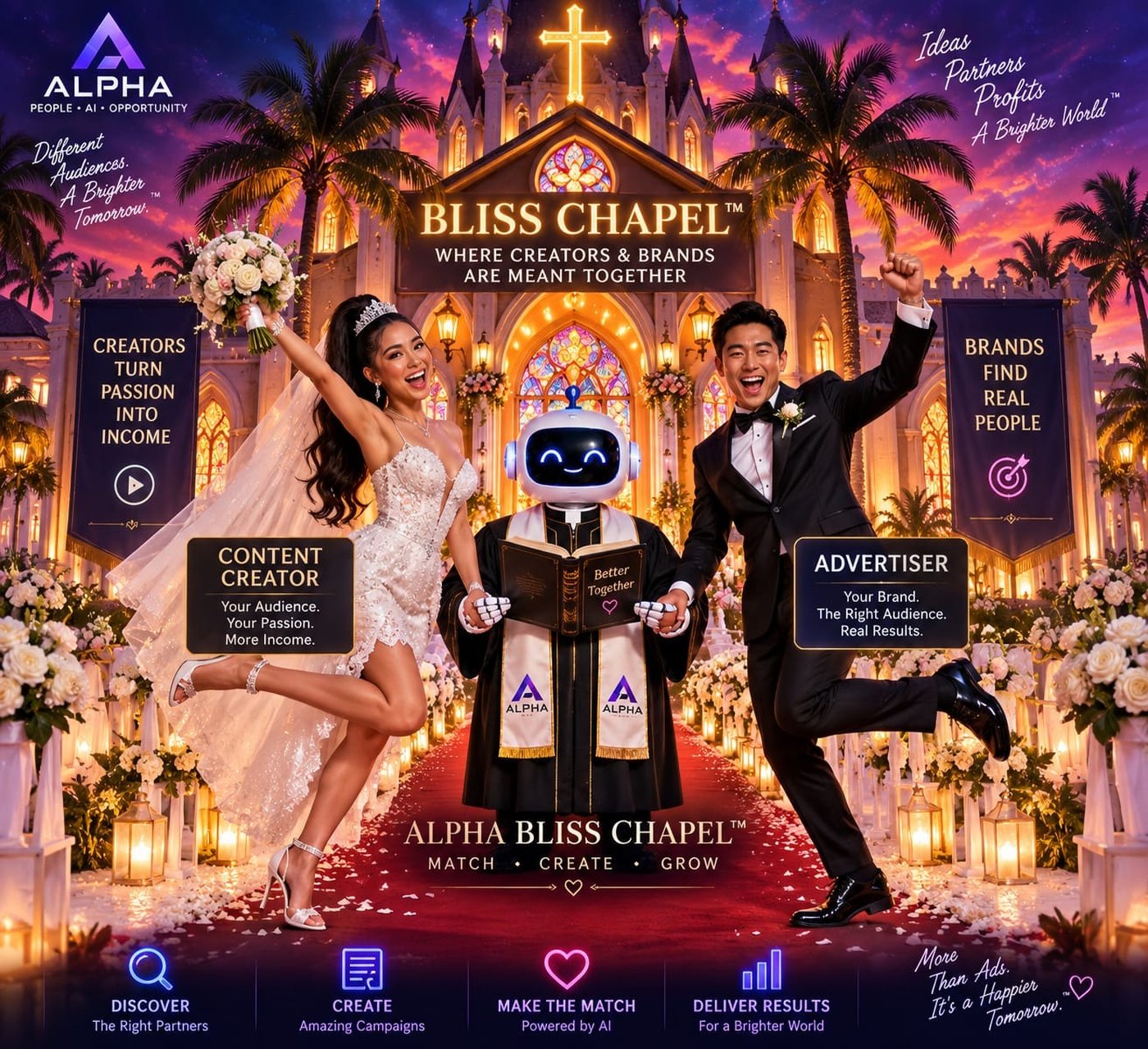 Illustrated Alpha Bliss Chapel bringing brands, creators, and an AI planner together